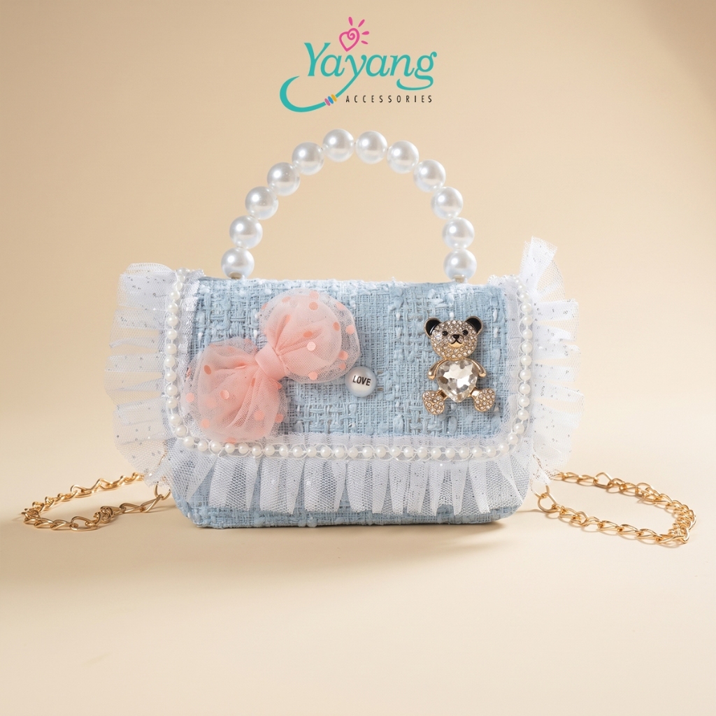 Yayang Tas Selempang Anak Perempuan Tweed Pita Mutiara Teddy Bear Mini Sling Bag Tas Pesta Anak Kore