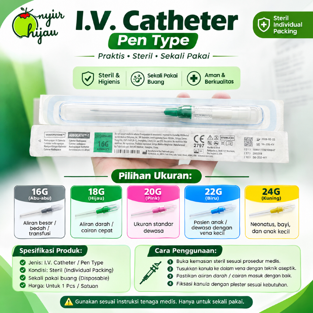 Abbocath Jarum Infus Satuan Eceran Ukuran 16G 18G 20G 22G 24G