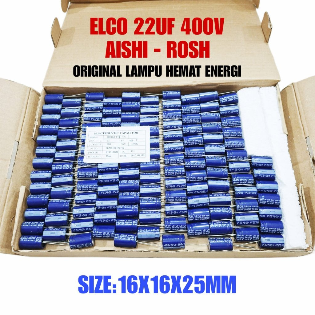 270X ELCO 22UF 400V ORIGINAL AISHI - ROSH SIZE:16X16X25MM KAPASITOR ELKO 22UF 400V - DAPAT 270 PCS