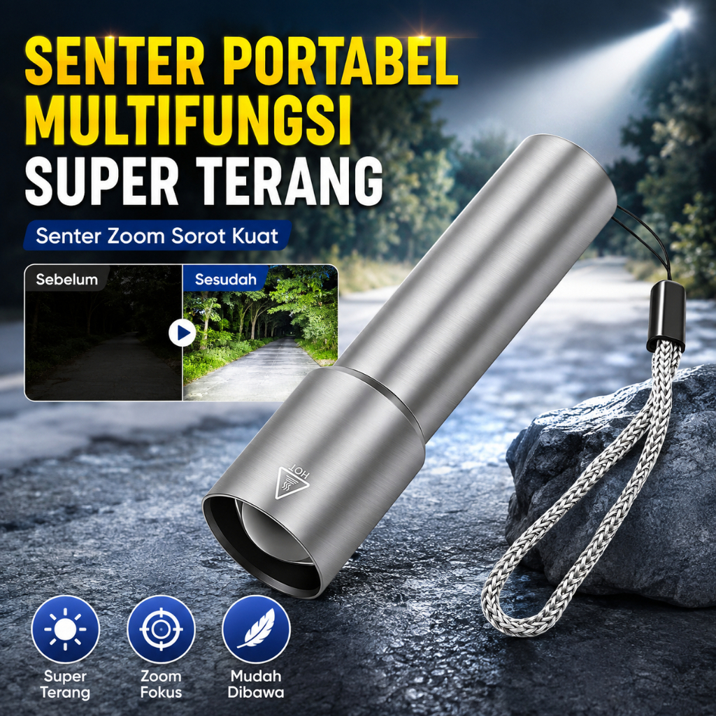 Senter Portabel Multifungsi Super Terang | Senter LED Multifungsi | Senter Sorot Kuat | Senter Gengg