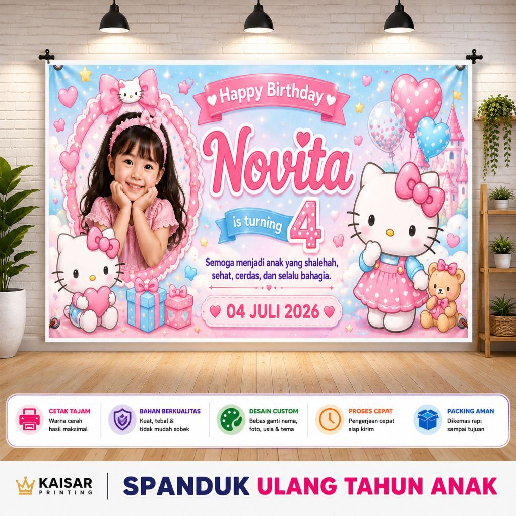 Spanduk Ulang Tahun Anak Happy Birthday tema Hello Kitty custom