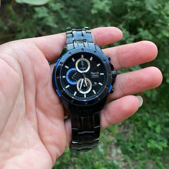 Jam Tangan Pria Alexander Christie AC 6246 MC Analog Sport Hitam Biru dengan Tali Rantai Mulus