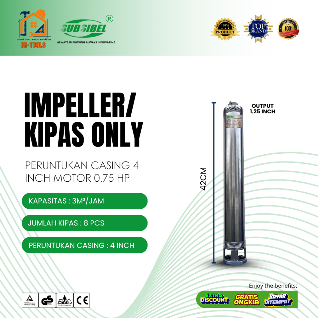 Kipas / Impeller Pompa Air Submersible 4 Inch 3/8 0.75HP | Output 1.2 Inch | 3M³/Jam