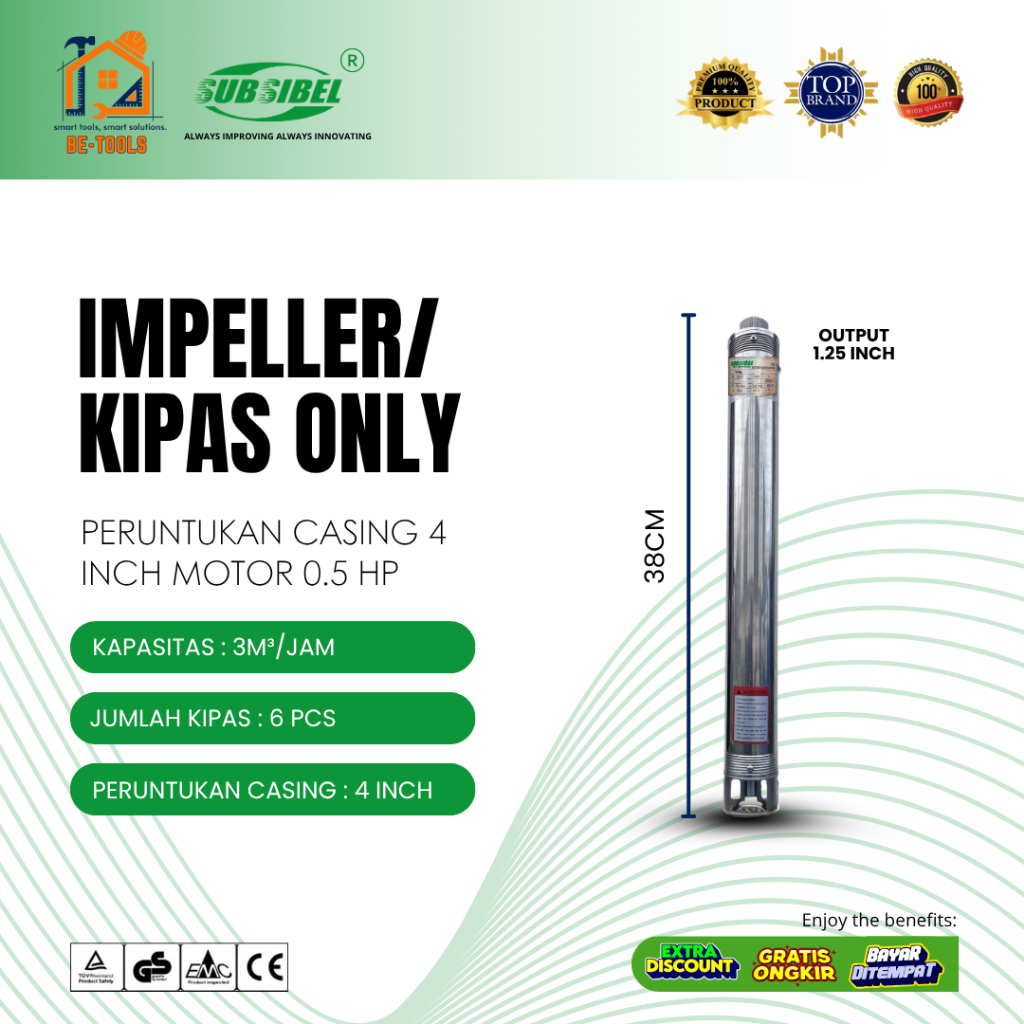 Kipas / Impeller Pompa Air Submersible 4 Inch 3/6 0.5HP | Output 1.2 Inch | 3M³/Jam