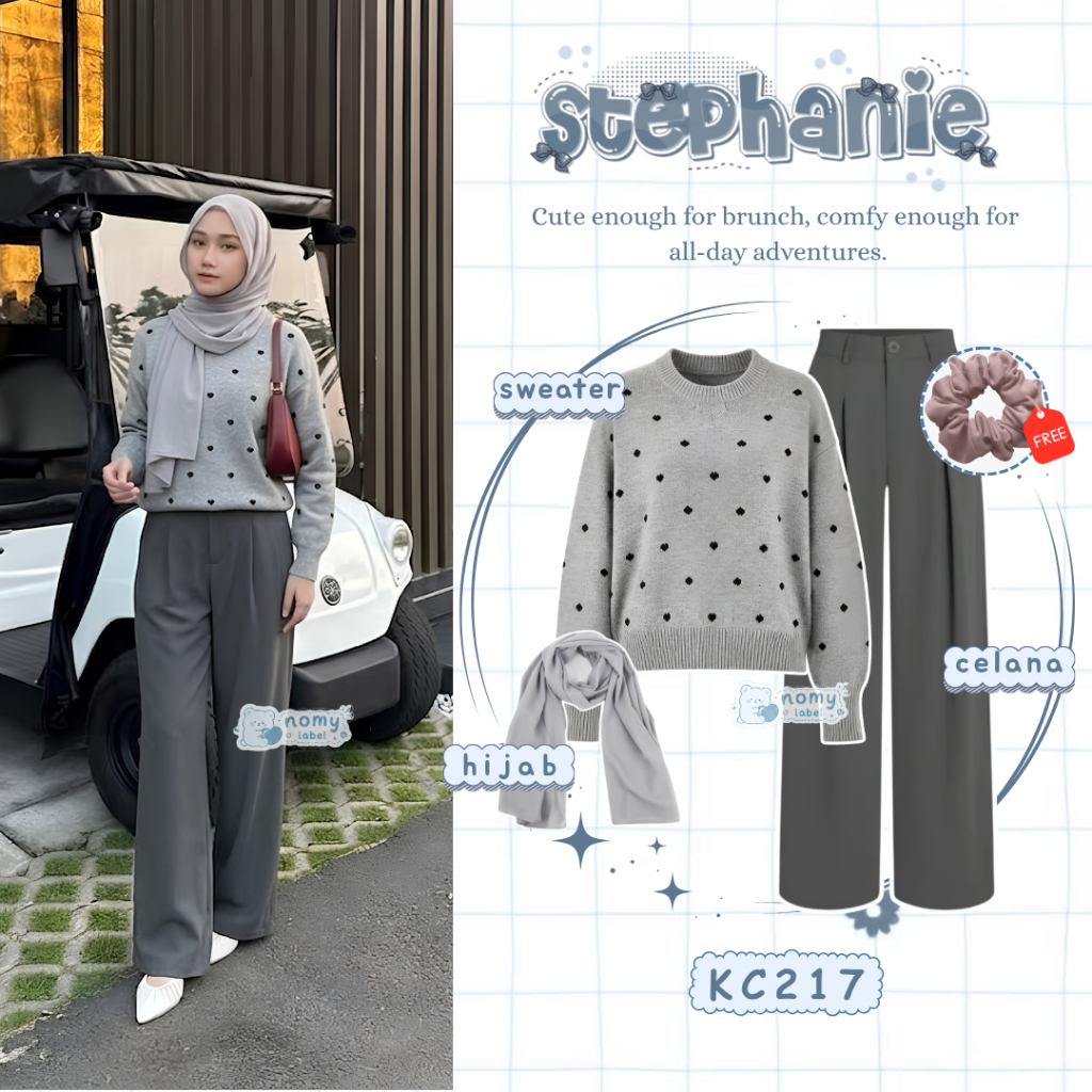 Nomy Label - Setelan 3 In 1 Set Wanita (Hijab + Sweater Polkalove + Celana Knit) Ootd One Set Outfit