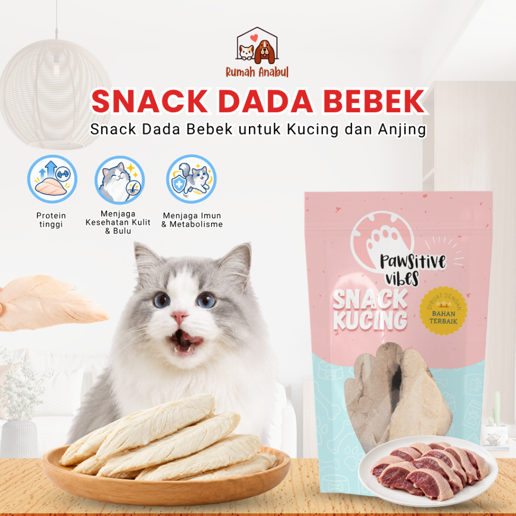 RUMAH ANABUL Snack Dada Bebek Kucing & Anjing - 100% Daging Bebek Asli Tinggi Protein - Renyah
