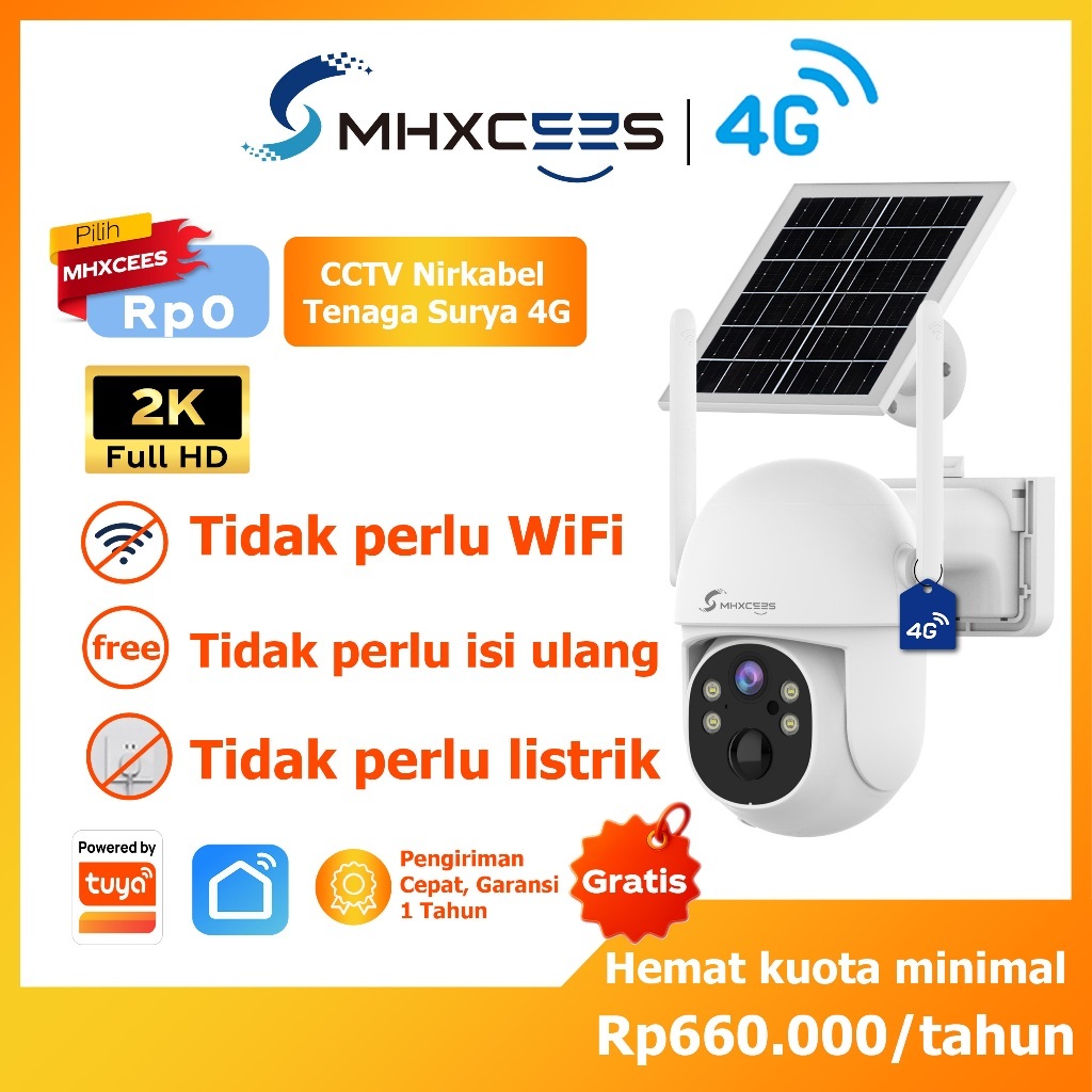 MHXCEES CCTV Outdoor Tahan Air 4G Kamera Wifi Tanpa SIM Baterai Internal & Panel Surya Dual Night Vi