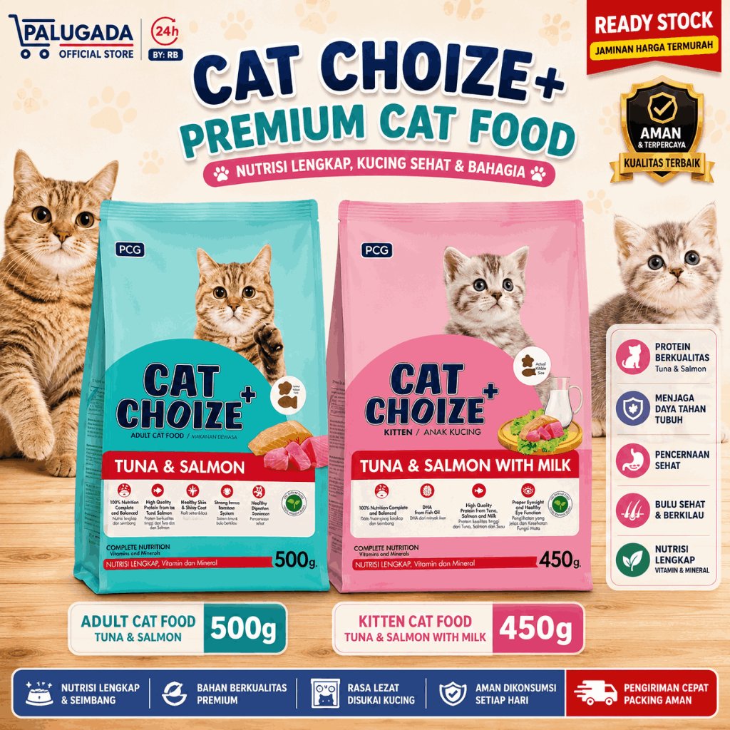 CAT CHOIZE PLUS PREMIUM+ Makanan Kucing Adult Tuna Kitten Tuna Salmon Nutrisi Lengkap 500g 450g Dry 