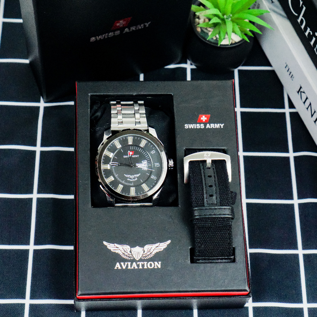 Jam Tangan Pria Stainless Steel Swiss ARMY bonus Tali Kulit dengan Tanggal Aktif Anti Air