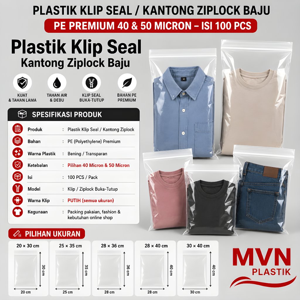 Kantong Plastik PE Premium Klip Ziplock Baju 100Pcs Zip Putih Merah Packing Olshop