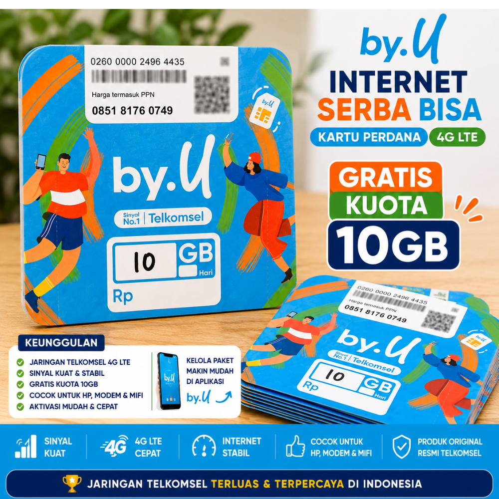 Kartu Perdana by.U Telkomsel  10GB/ 3GB Siap Pakai 4G LTE Internet Cepat Support Modem MiFi Router