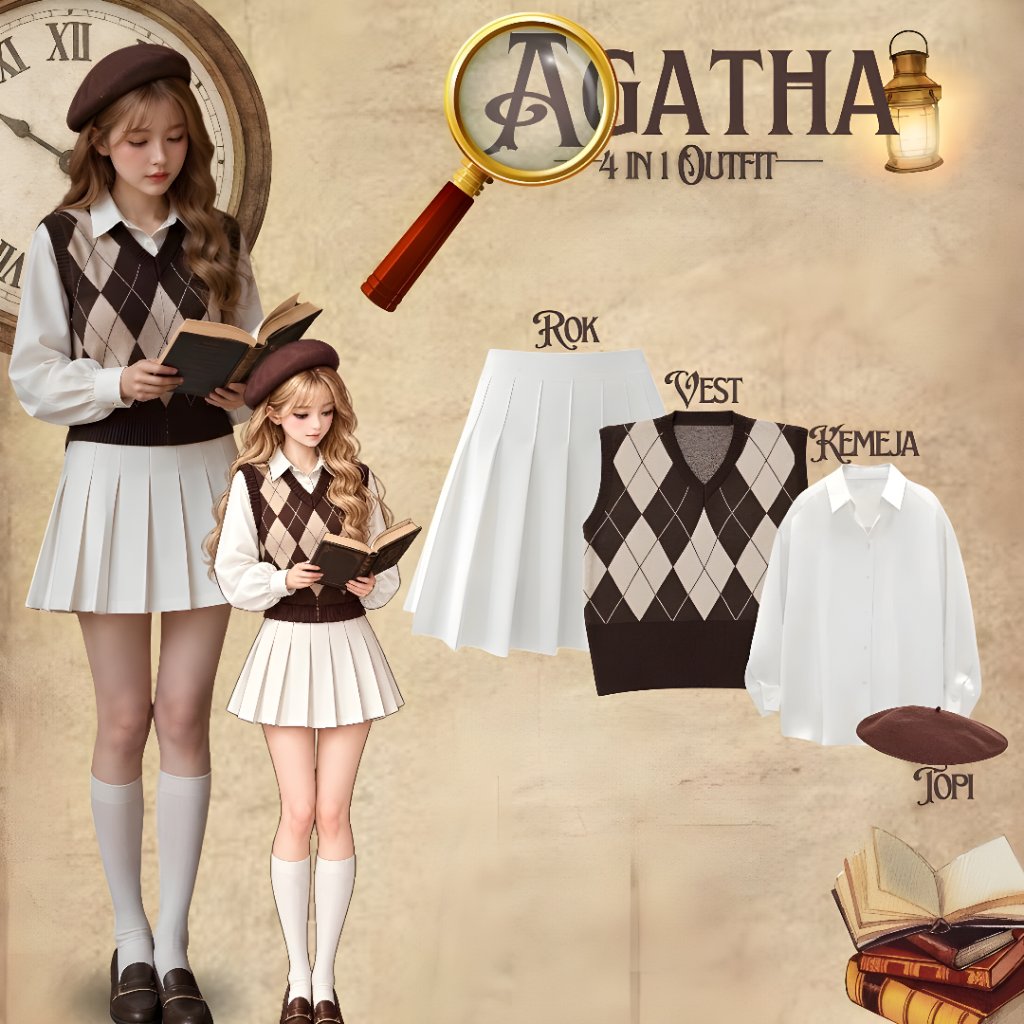 One Set 4in1 Dark Academia Outfit - Agatha Set Kemeja, Vest Kotak, Rok Pendek, Topi Baret - ZZ11