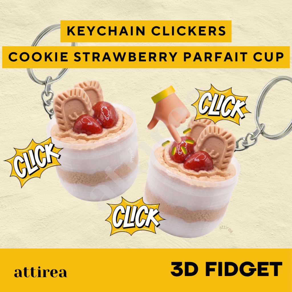 Gantungan Kunci Fidget Clicker - Cookie Strawberry Parfait Cup | Keychain Toys Mainan Cup Cake Sweet