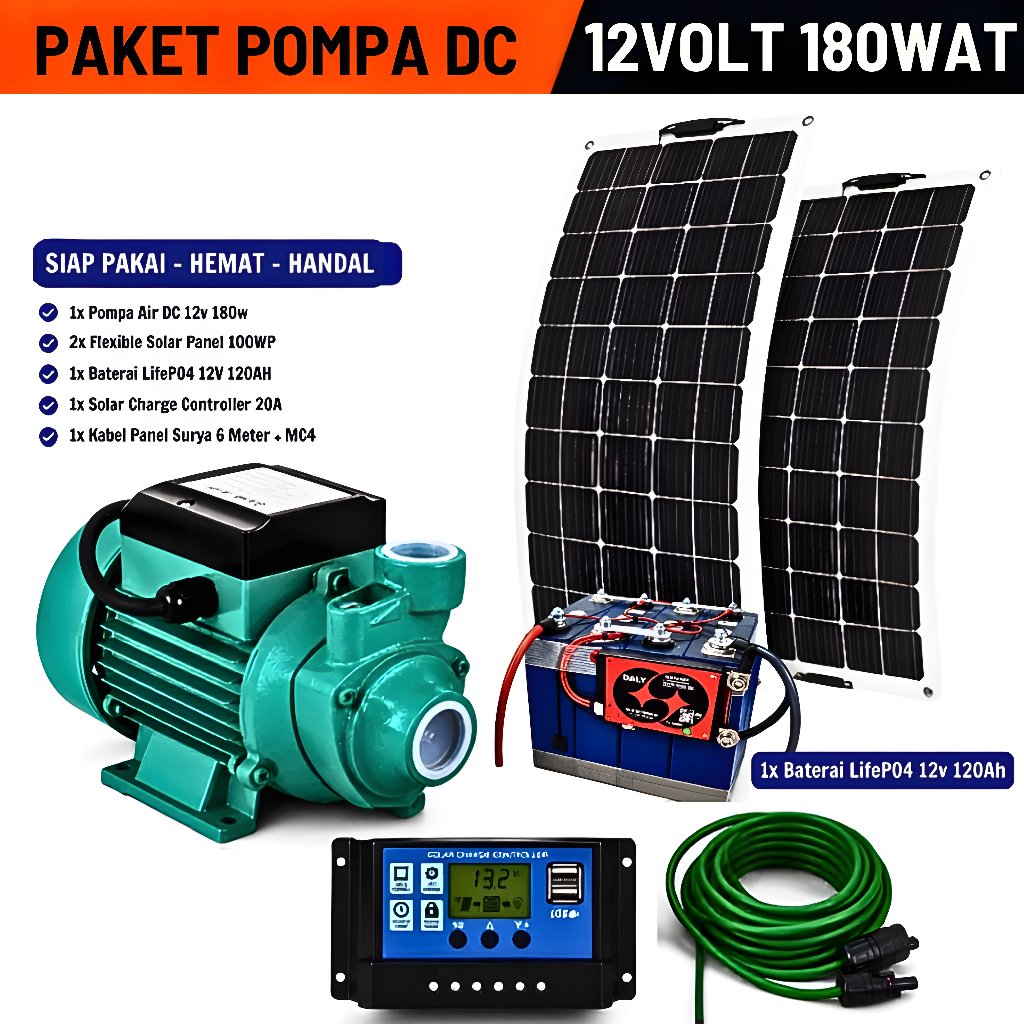 Paket Pompa Air Tenaga Surya DC 12V 180W Lengkap Panel Surya 200WP Baterai LiFePO4 Controller 20A