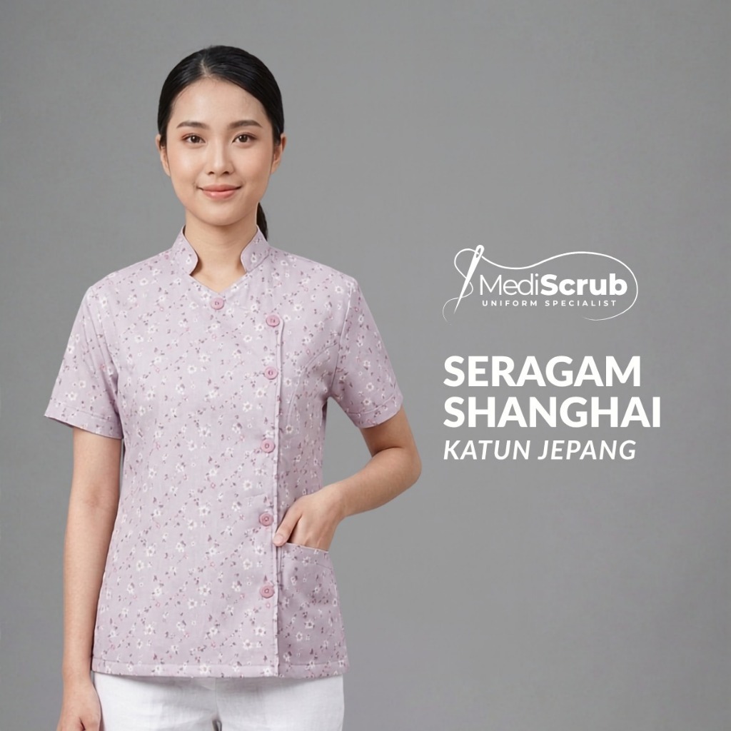 MEDISCRUB - SCRUB KERAH SHANGHAI MOTIF Bahan Katun Jepang - Baju Jaga OK Dokter Perawat Medical Unif