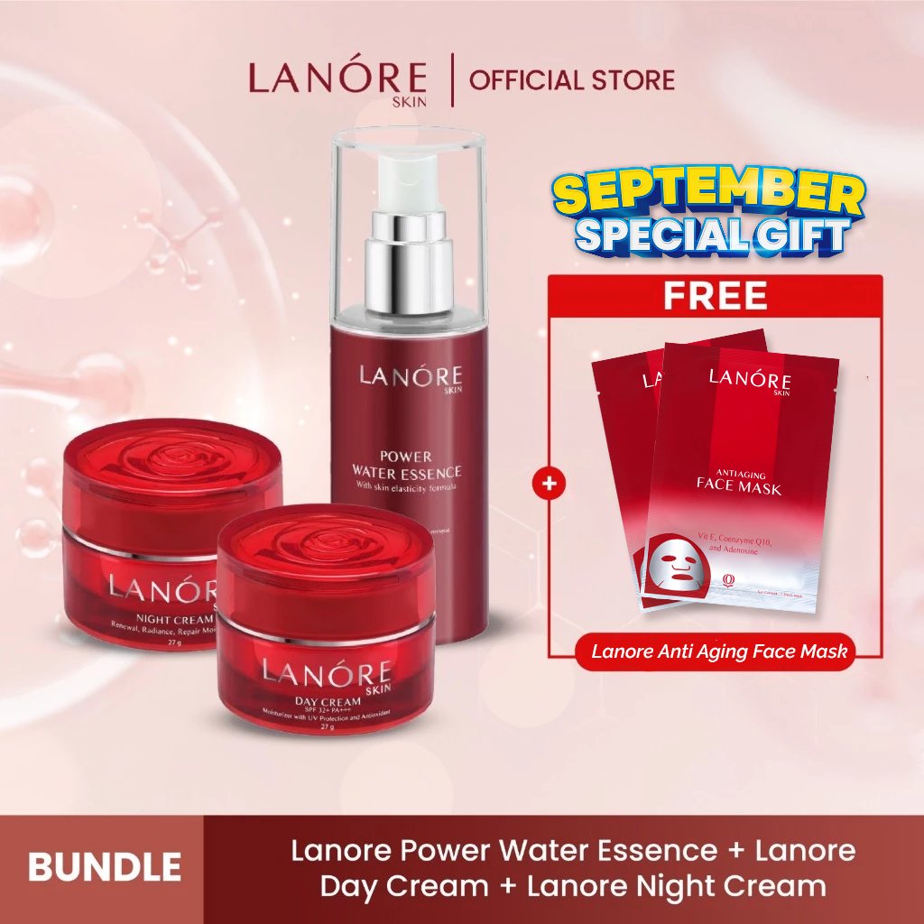 Paket Lanore Skin Night Cream+Lanore Skin Day Cream SPF 32+ PA+++ +Lanore Skin Power Water Essence