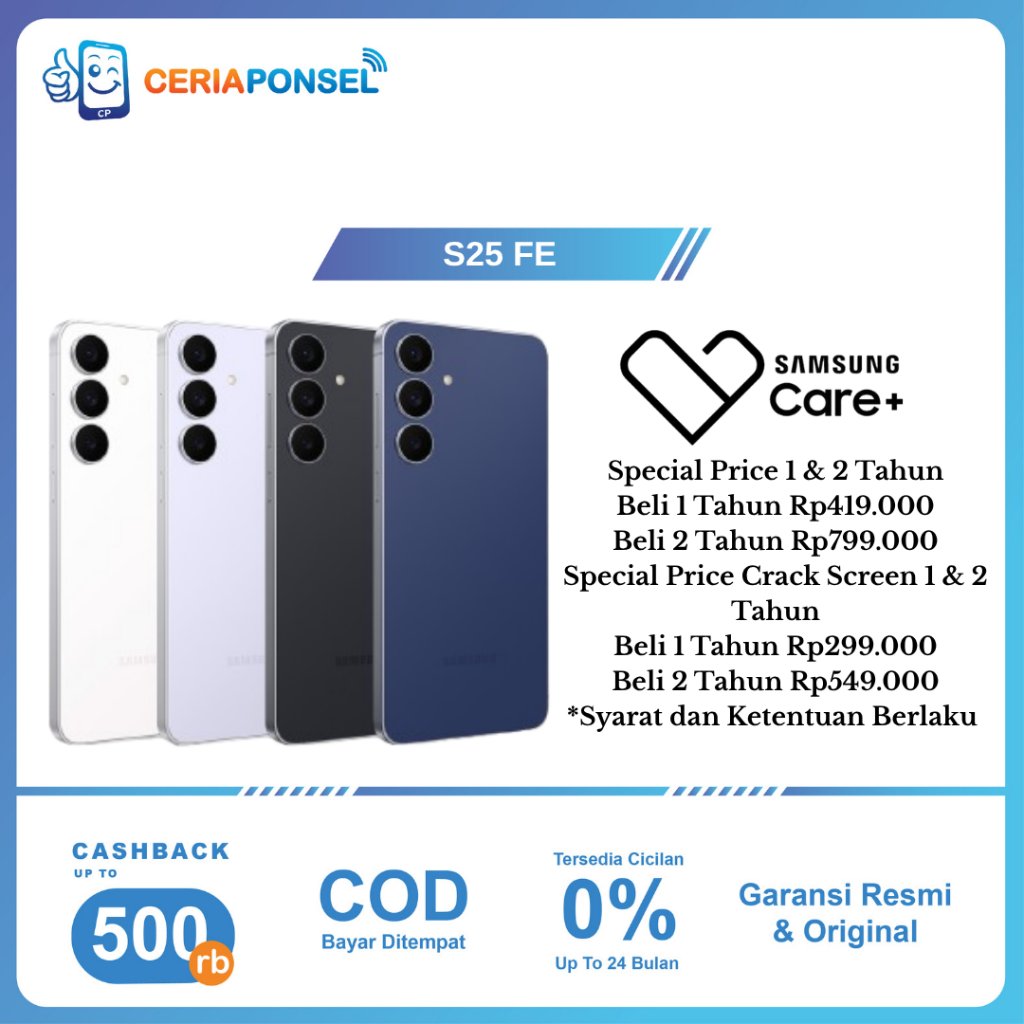 Samsung Galaxy S25 FE 8/256GB & 8/512GB AMOLED Exynos 2400 50MP 4900mAh | Garansi Resmi SEIN 1 Tahun