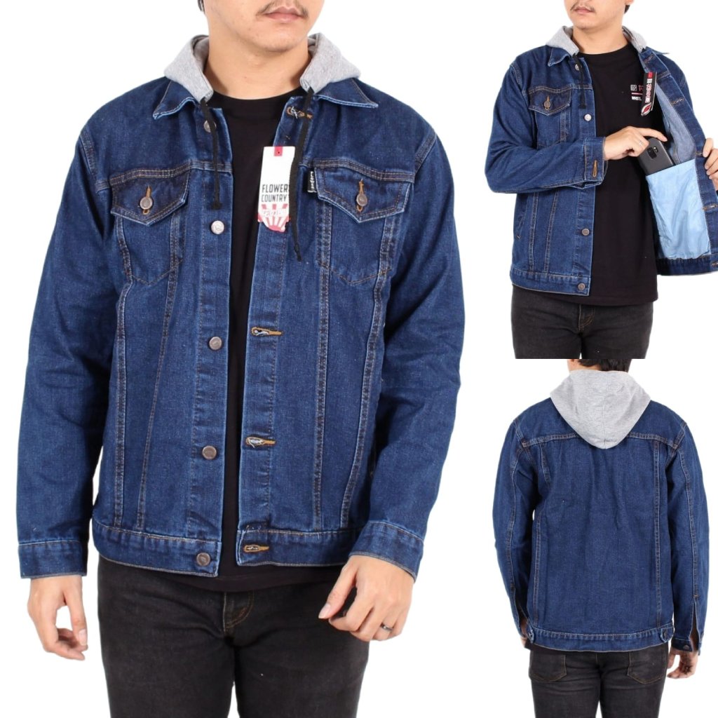 TANS - Jacket Jeans Denim Reglan Aliando Pria Jaket Jeans Hoodie Kombinasi Katun Fleece Tebal