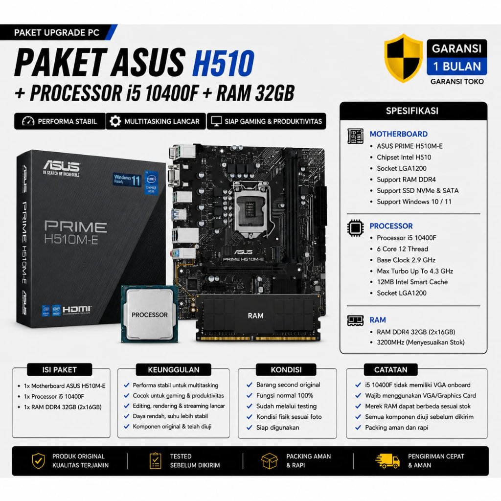 PAKET MOBO MSI H510 + I5 10400F + RAM 32GB