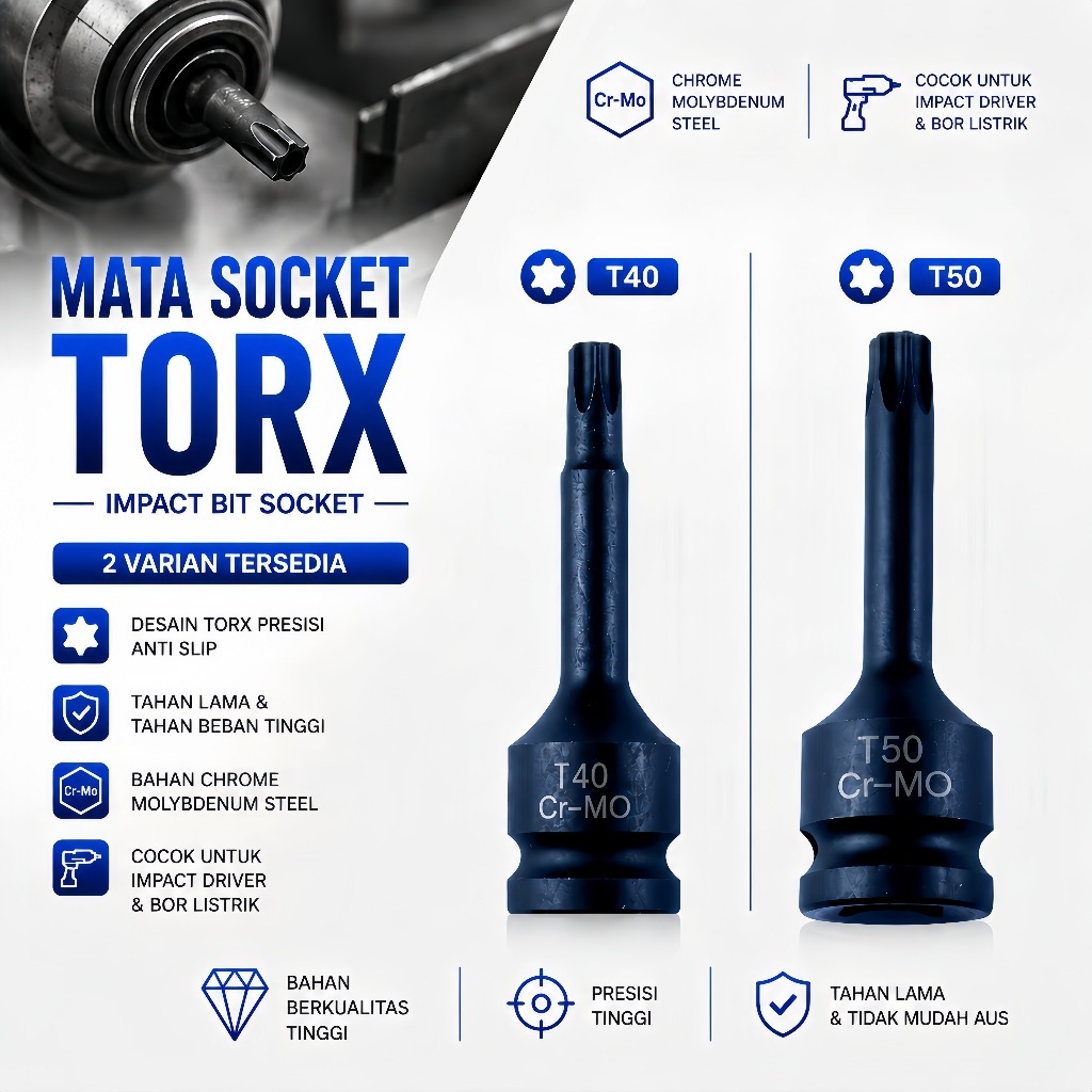 Mata Kunci Shock Torx Bintang L T40 T50 Ukuran 1/2 Heavy Duty, Soket Socket Star Bit