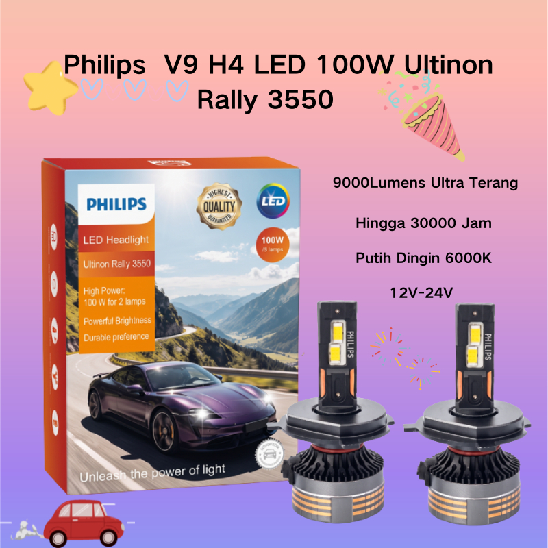 Lampu Depan dan Lampu Kabut Mobil LED Monokrom Philips 100W H4–V9 (Putih)