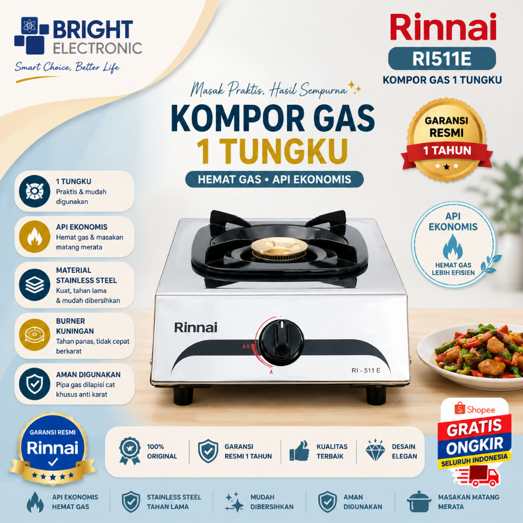 RINNAI KOMPOR GAS 1 TUNGKU STAINLESS RI511E/RI-511E/RI 511RE/Kompor Gas Rinnai/Rinnai Kompor Gas