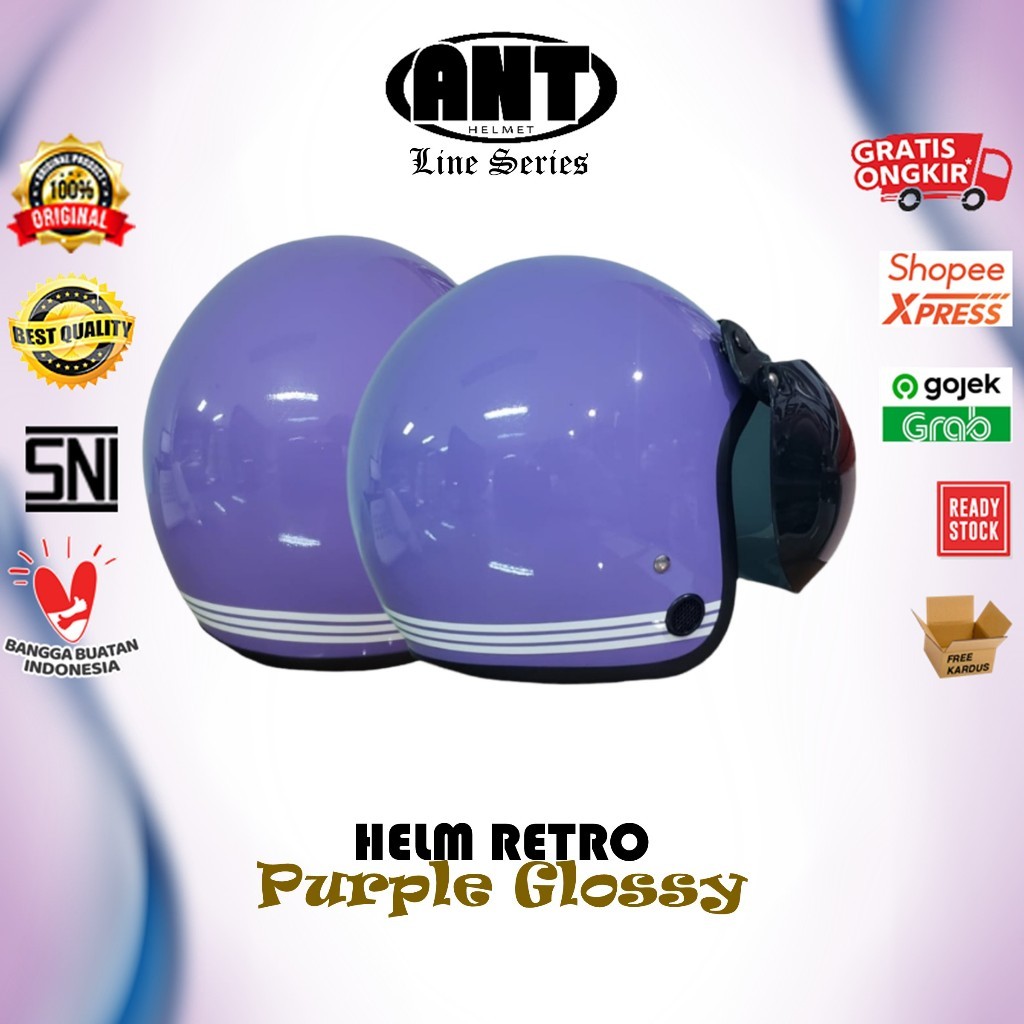 Helm Bogo / Helm Retro ANT Line Purple + kaca helm