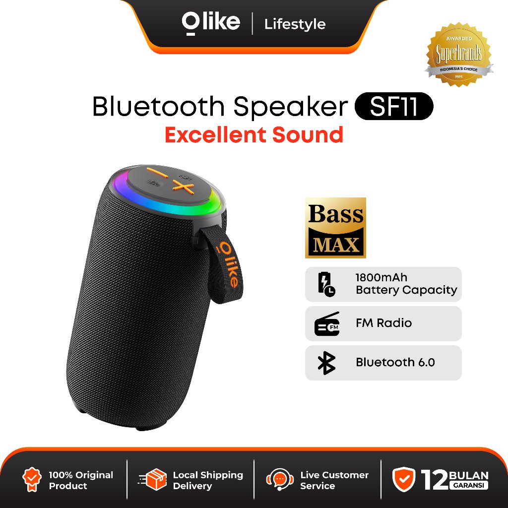 OLIKE Speaker Bluetooth SF11 with LED Light HD Audio Stereo Bass Max + Radio FM | IPX4 Water Resista