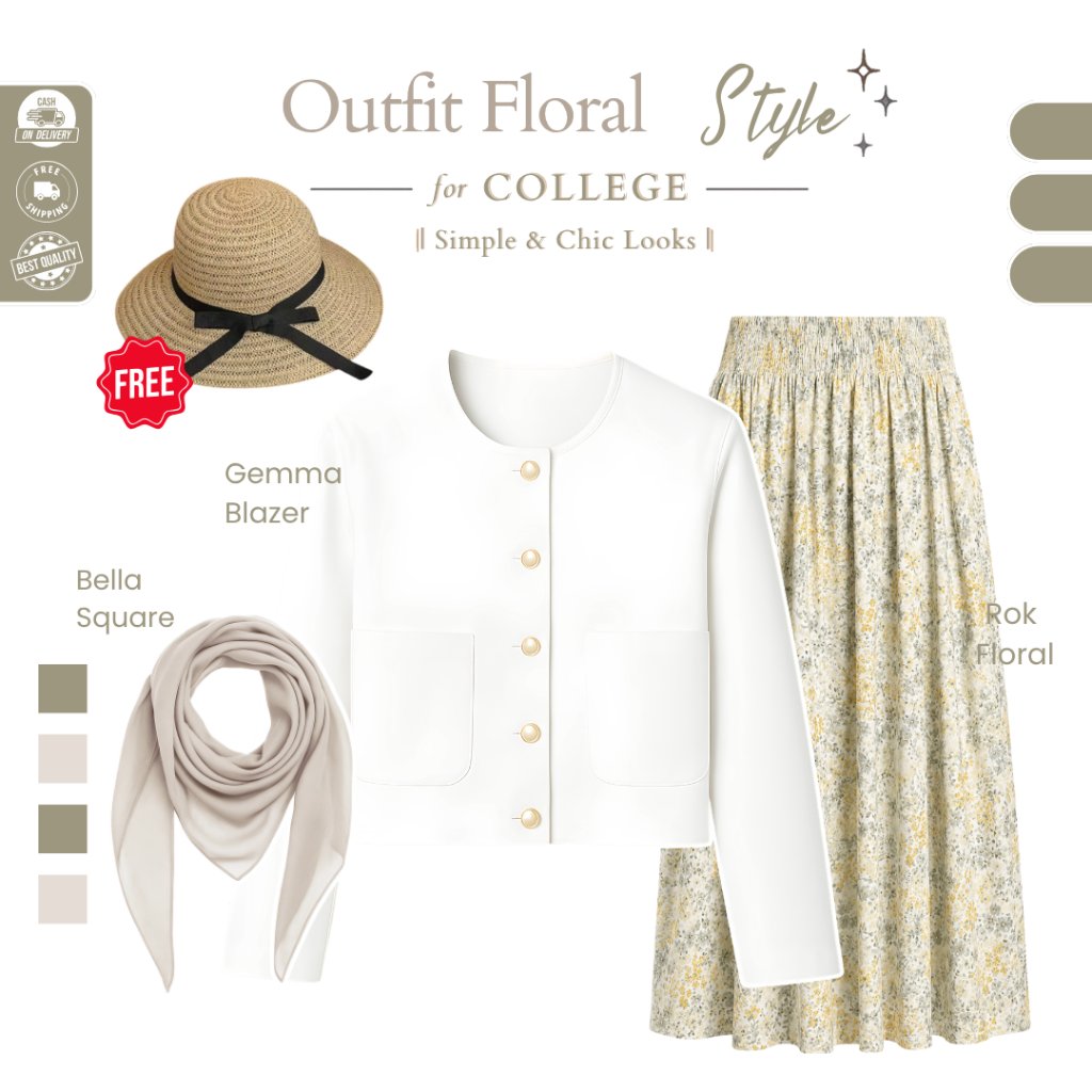 Set Outfit Pantai Floral Wanita ( Jilbab Bella Square Ivory, Topi Pantai, Gemma Blazer, Rok Floral )