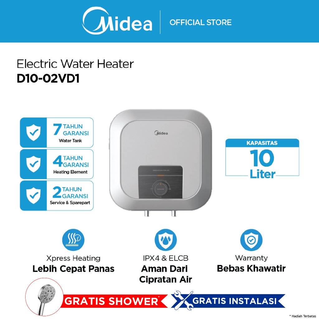 [BERHADIAH SHOWER] Midea Water Heater Listrik 10L 15L D10-02VD1 Pemanas Air Low Watt 200W - GRATIS P