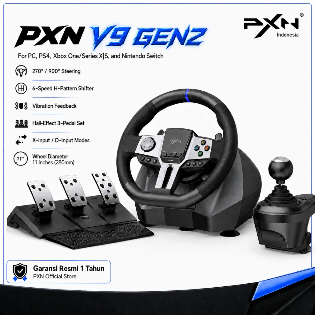 PXN V9 Pro Gaming Steering Wheel 900° - Set Setir, Pedal & Shifter Game Simulator PC PS4 Xbox Ninten