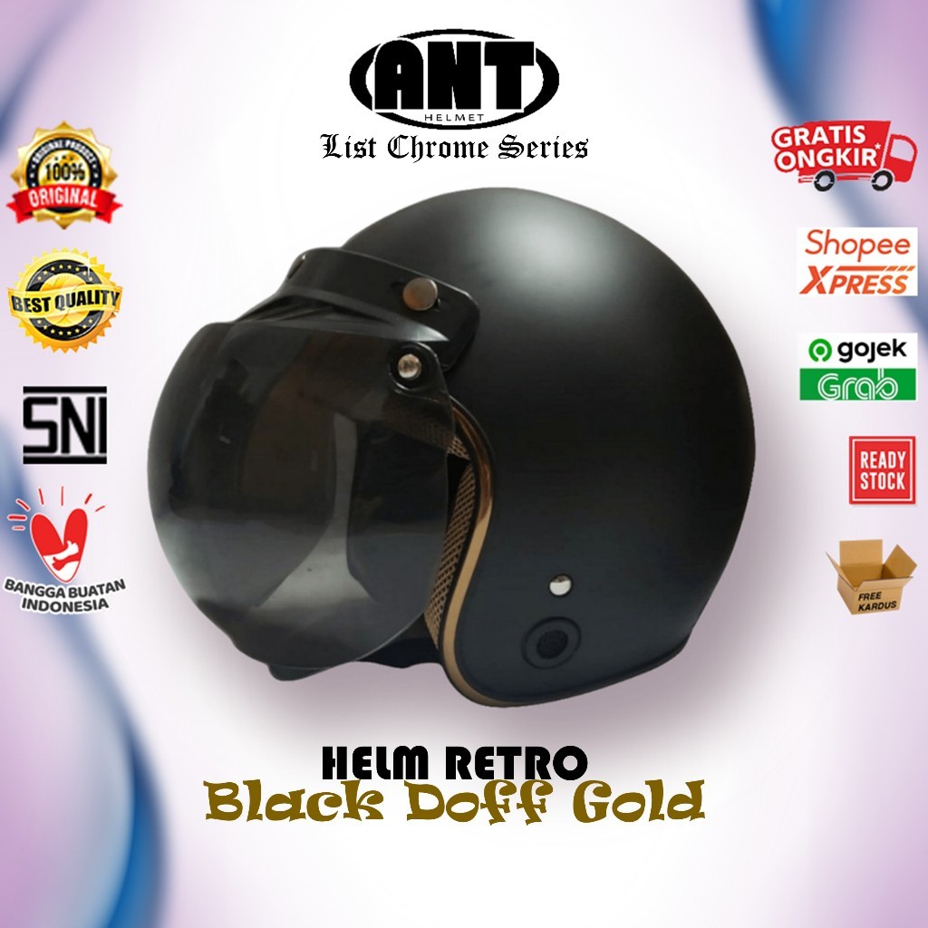 helm Bogo / Helm Retro  List Chrome Black Doff List Gold + Kaca Helm