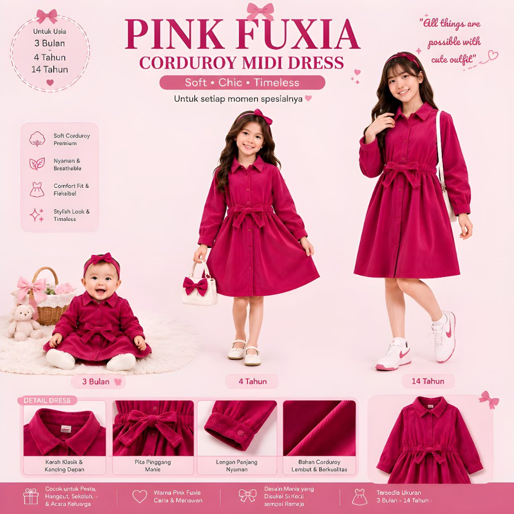 Dress Anak Perempuan Corduroy Polka Magenta Dress Cantik Original Brand Export