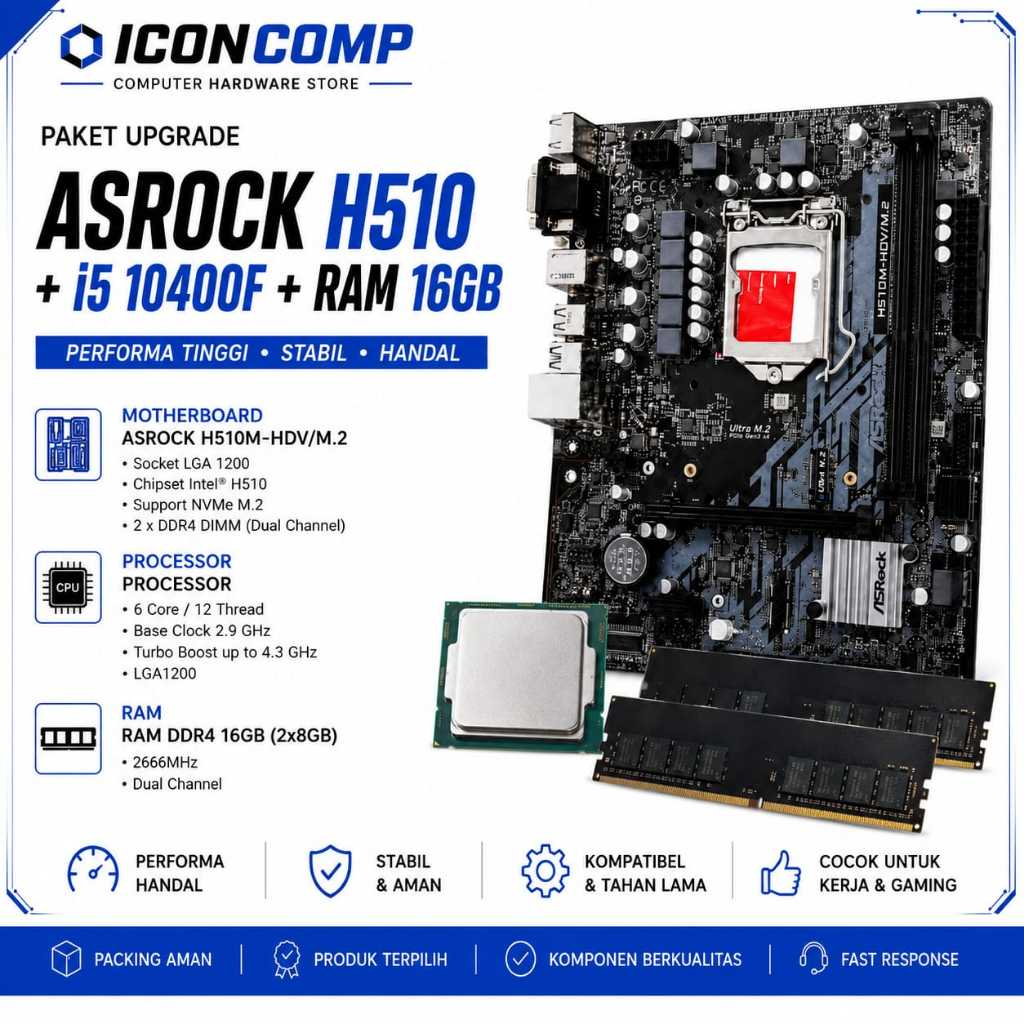 PAKET MOBO ASROCK H510 + i5 10400f + RAM 16GB