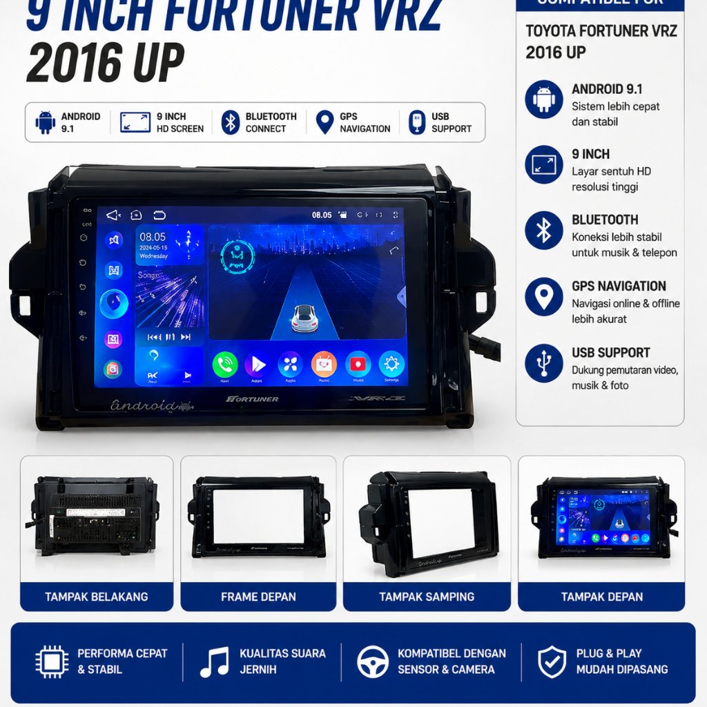 Frame Head Unit Android 9 inch Fortuner VRZ 2016 UP
