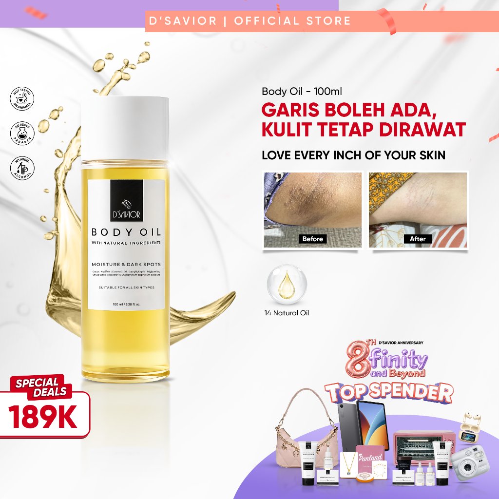D'SAVIOR Body Oil 100ML | Penghilang Stretchmark, Eksim, Psoriasis & Penghilang Bekas Luka Hitam Kor
