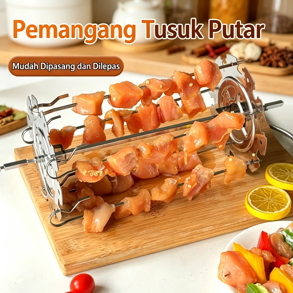 Tusuk Sate Putar Kandang Pemanggang Anti Karat Bahan Stainless 304 Alat Panggang Daging Sate Rumahan