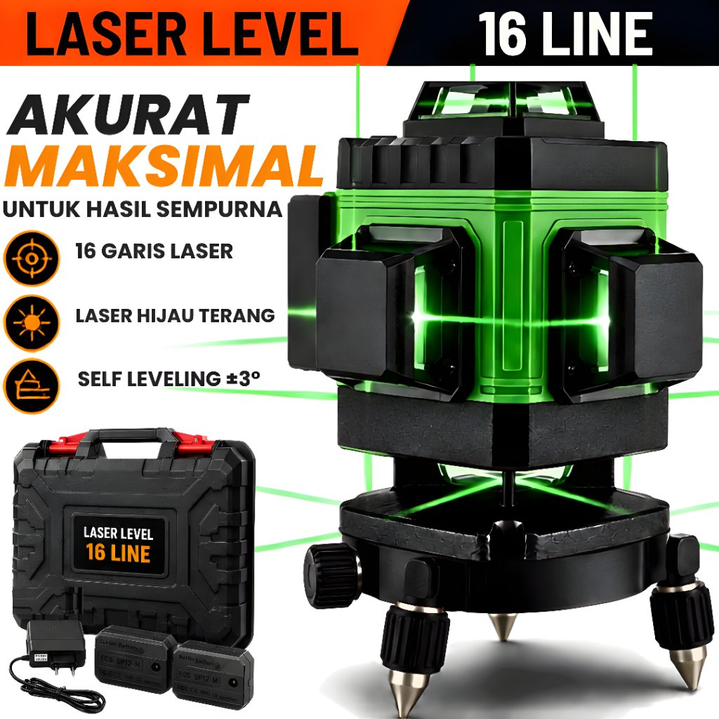 Laser Level 16 Line Self Leveling laser level hijau 2 baterai