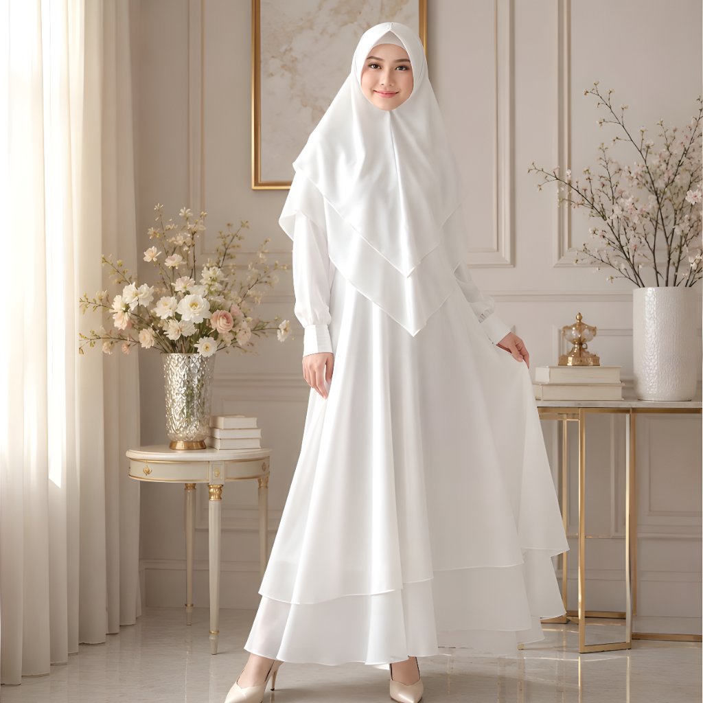 Raisma Mafaza Gamis Putih Syar'i Set Khimar Ceruty Babydoll untuk Umroh & Haji Wanita