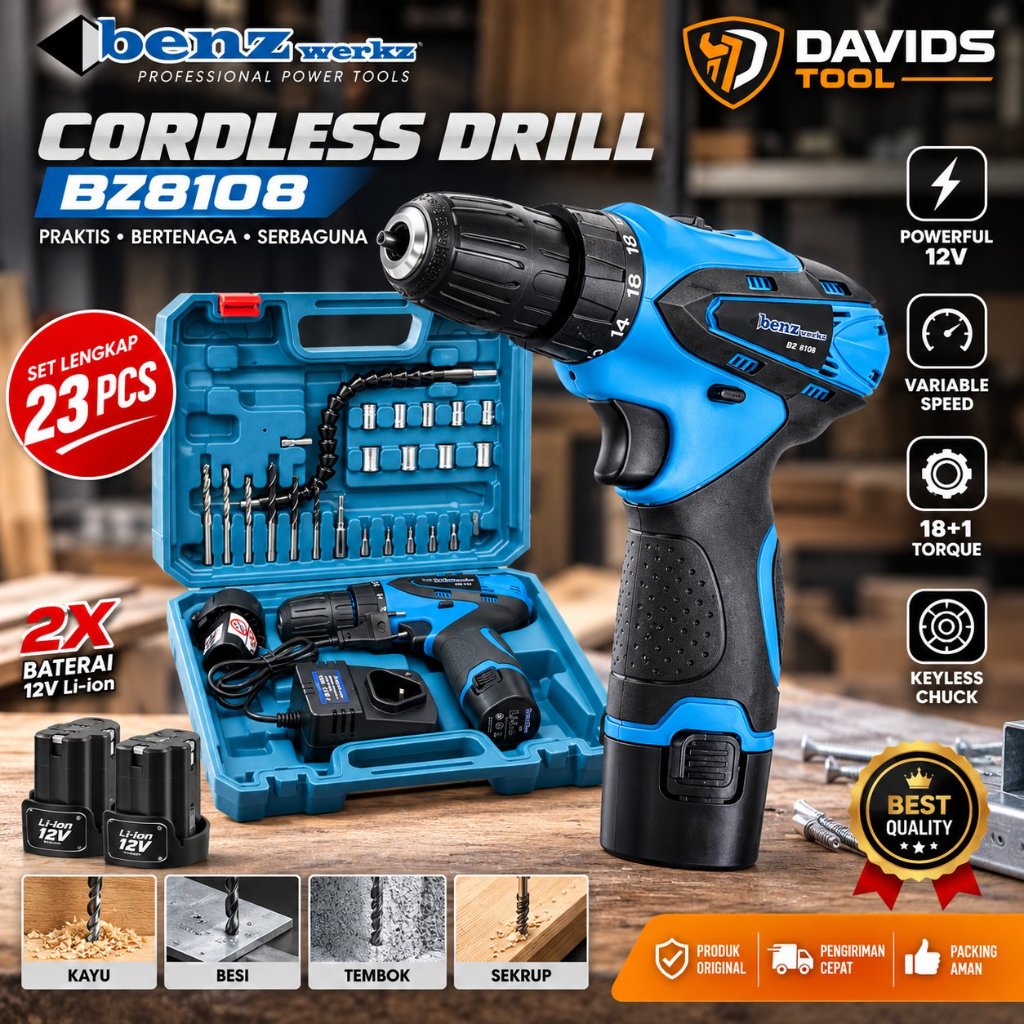 Mesin Bor Cordless Tangan Baterai Cas Charger BZ8108 Benz