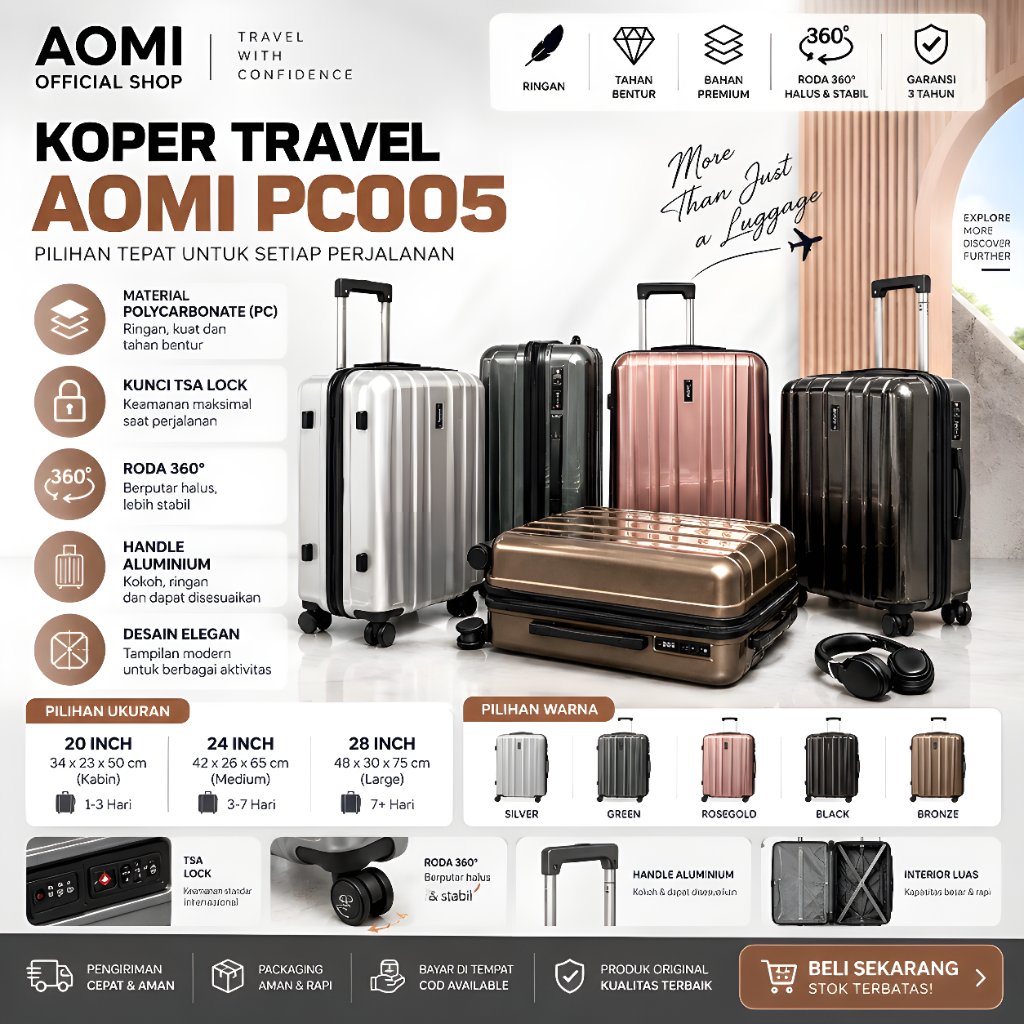 Koper Travel AOMI PC005 – Koper PC Ringan Roda 360° untuk Kabin & Bagasi