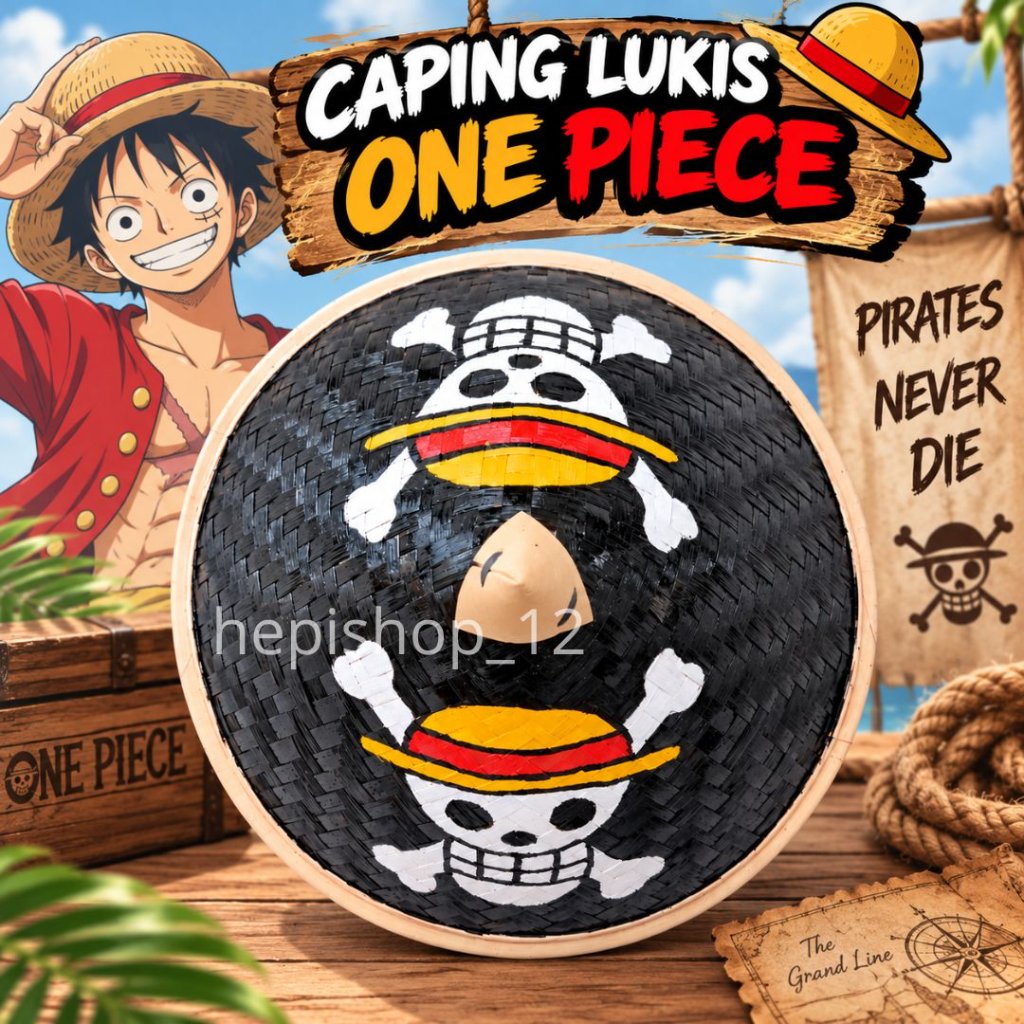 Topi caping petani lukis one piece - caping bambu petani motif unik