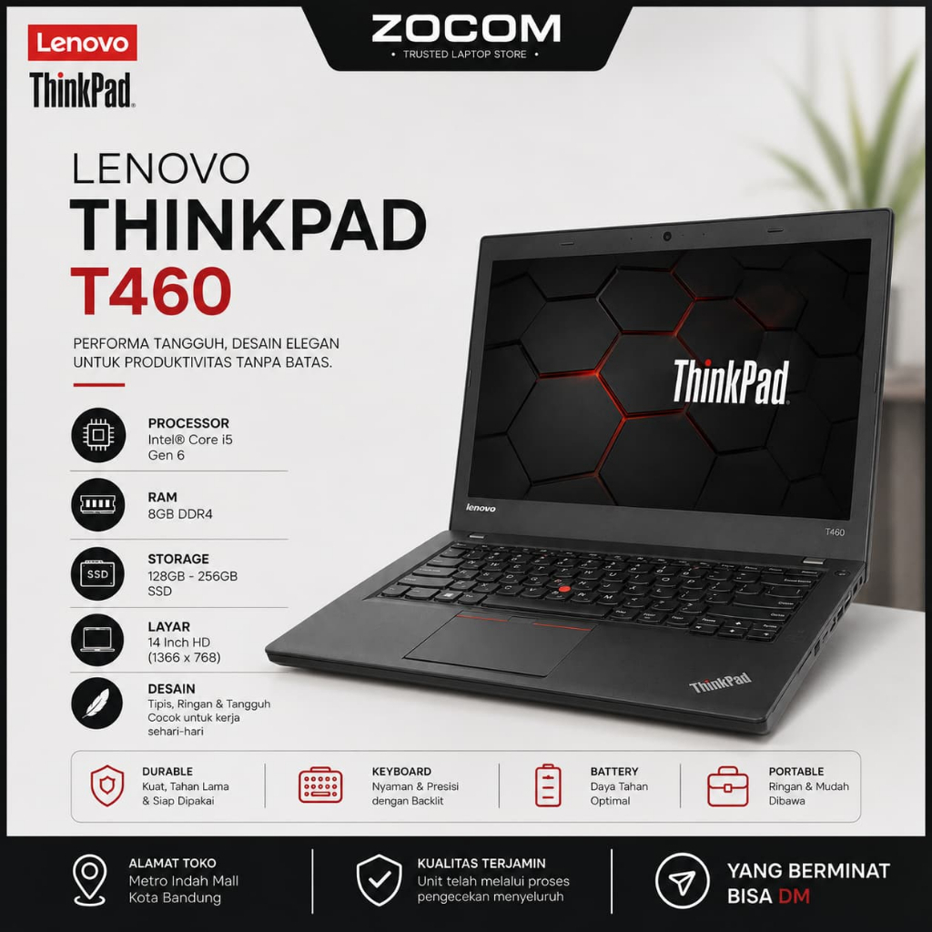 Lenovo ThinkPad T460 Core i5 RAM 8GB SSD 256GB Laptop Bekas Siap Pakai