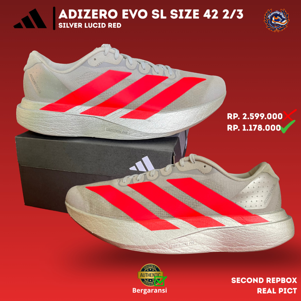Adidas Adizero EVO SL Silver Lucid Red Size 42 2/3 Running Sneakers Original Second