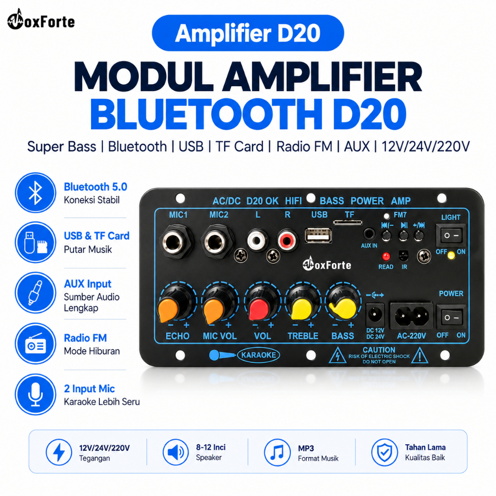 Voxforte D20 Amplifier 8-12 Inci Speaker Amplifier Bluetooth Super Bass 12V/24V/220V Modul Speaker B