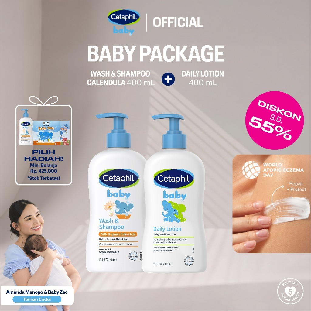 Cetaphil Baby Daily Lotion 400ml + Baby Wash & Shampoo with Organic Calendula 400ml