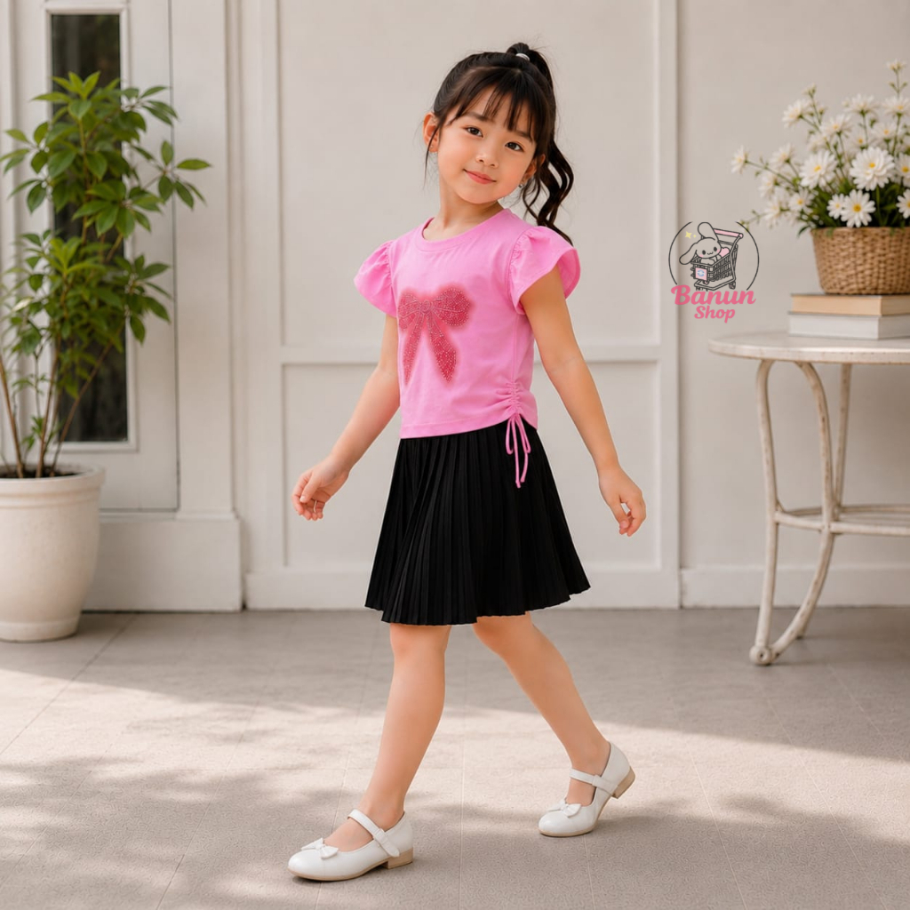 Set Anak Perempuan Kaos Ruffle Pita Cantik Rok Plisket Outfit Fashionable Kekinian Usia 1-6 Tahun