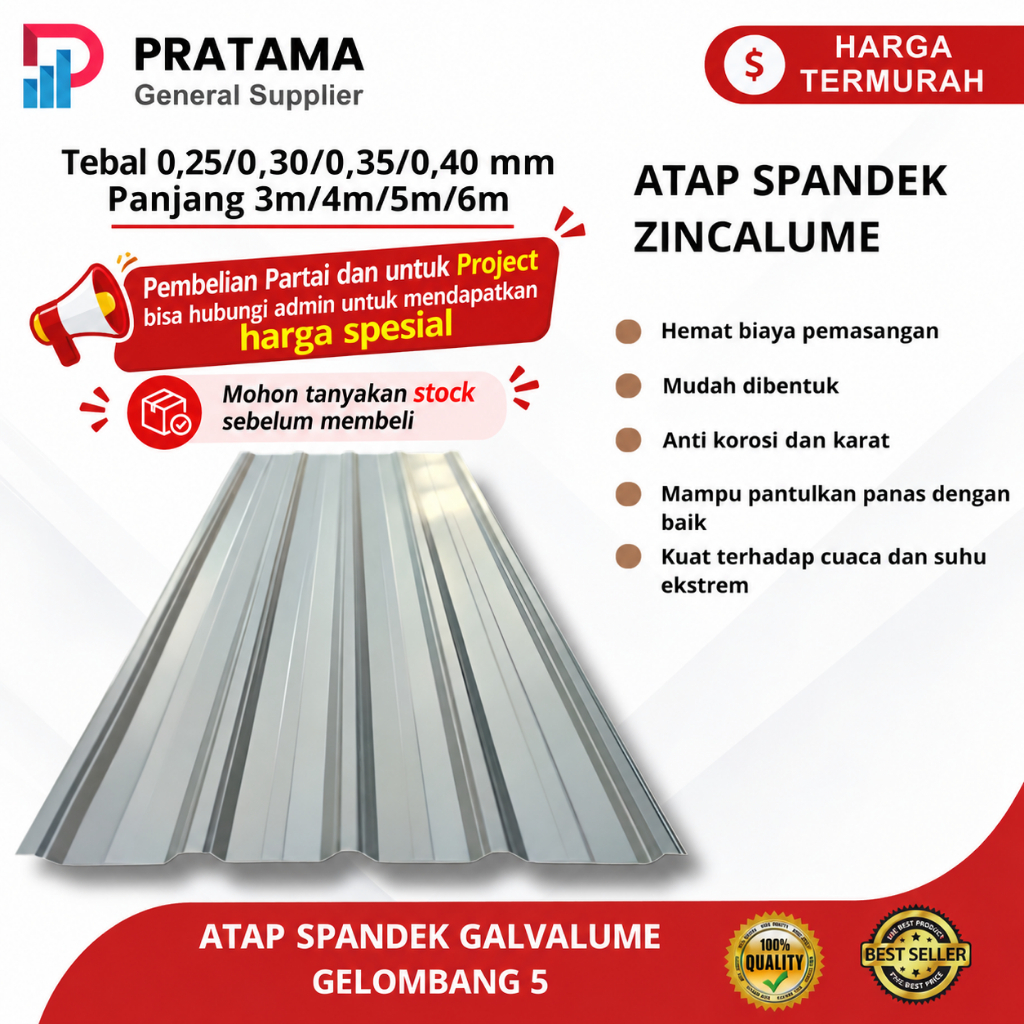 Atap Spandek Galvalum gelombang 5 - atap baja ringan 75cm - atap rumah kanopi