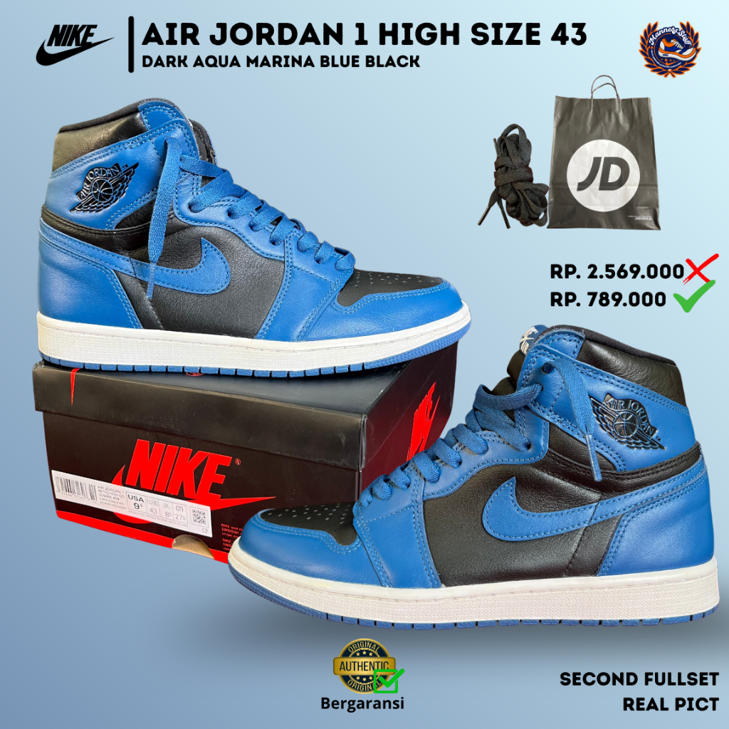 Sepatu Nike Air Jordan 1 HIGH Retro OG Dark Aqua Marina Blue Size 43 Second Original Sneakers Fullse