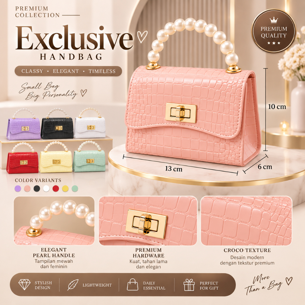 Tas Jelly Croco Pearl | Tas Jelly Glossy Motif Croco Import